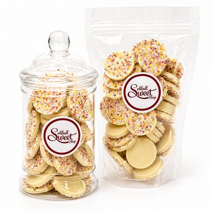 Jar and bag of white chocolate retro sweets with 'Solihull Sweetshop' label on a white background