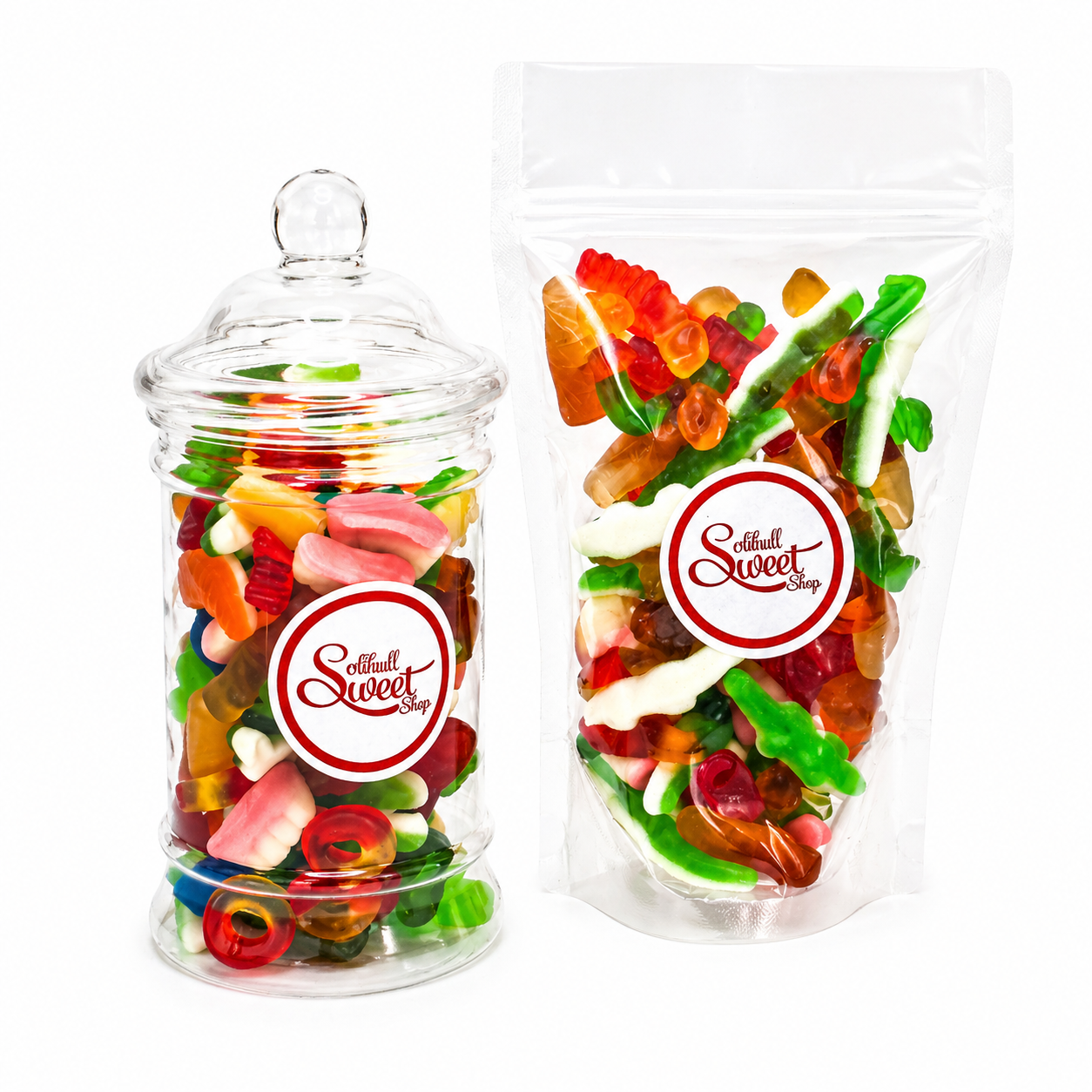 Clear jar and bag filled with colourful jelly mix gummy candies branded 'Solihull Sweet Shop'.