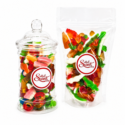 Clear jar and bag filled with colourful jelly mix gummy candies branded 'Solihull Sweet Shop'.