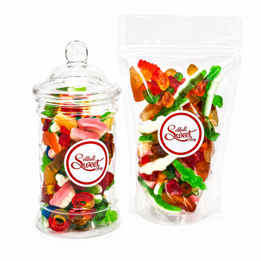 Clear jar and bag filled with colourful jelly mix gummy candies branded 'Solihull Sweet Shop'.