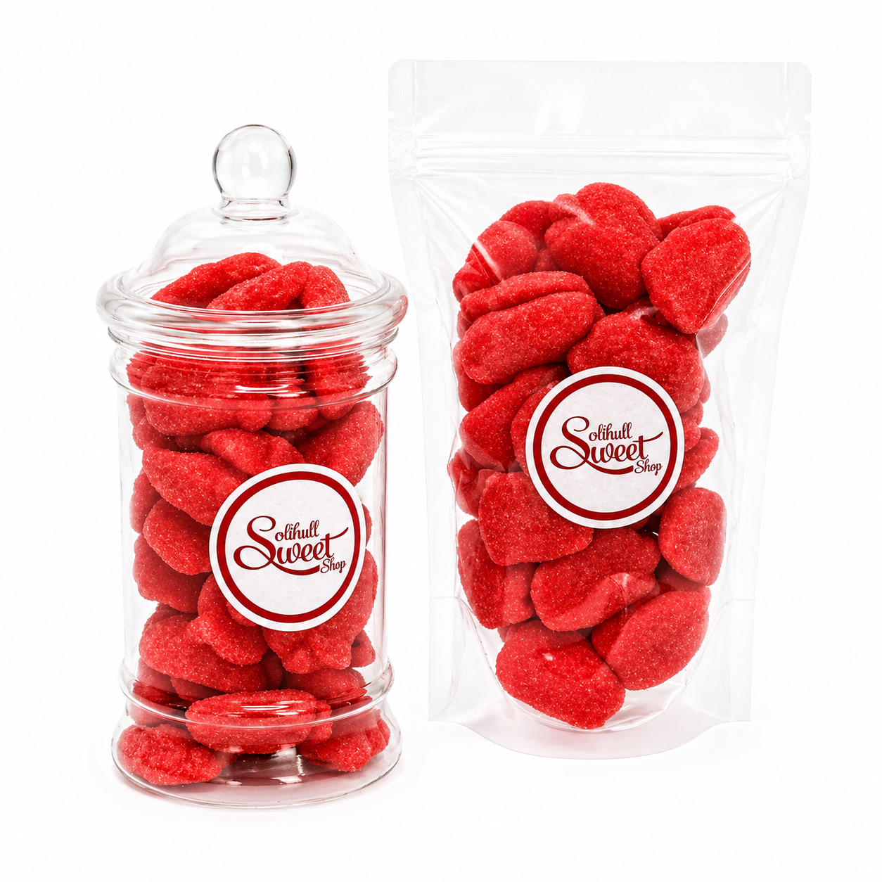Clear jars filled with red strawberry foam sweets, branded 'Solihull Sweet Shop', on a white background