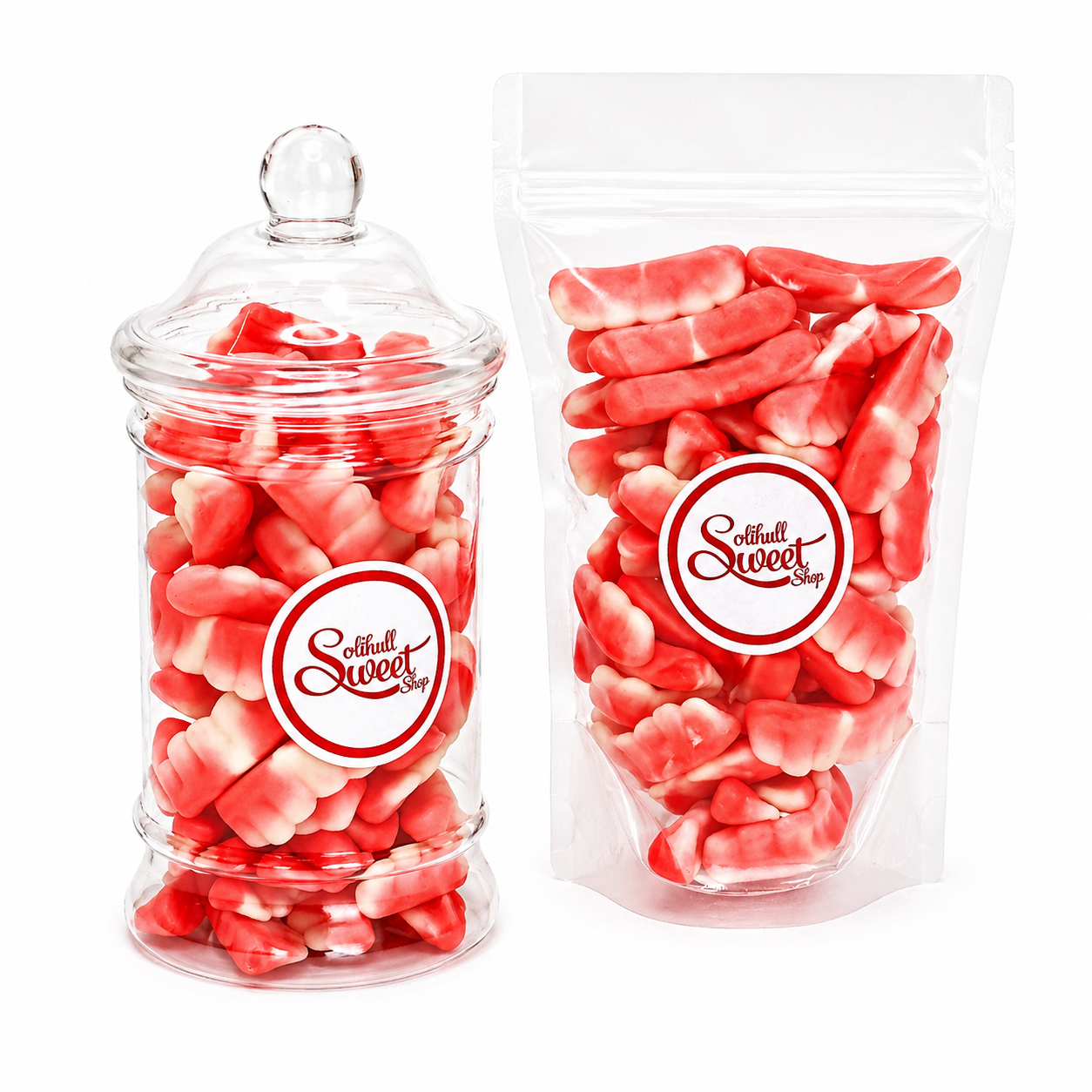 Clear jar and packaging filled with red and white teeth candy sweets, featuring a 'Solihull Sweet Shop' label.